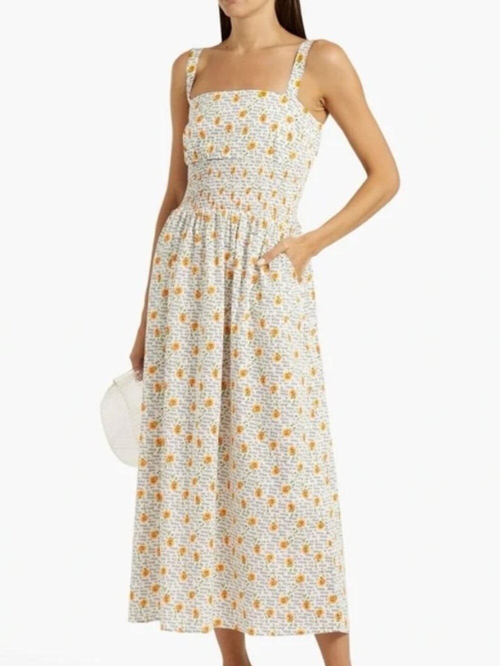 HVN Laura Long Smocked Dress A Rose Script Floral Midi White Orange Cotton NWT